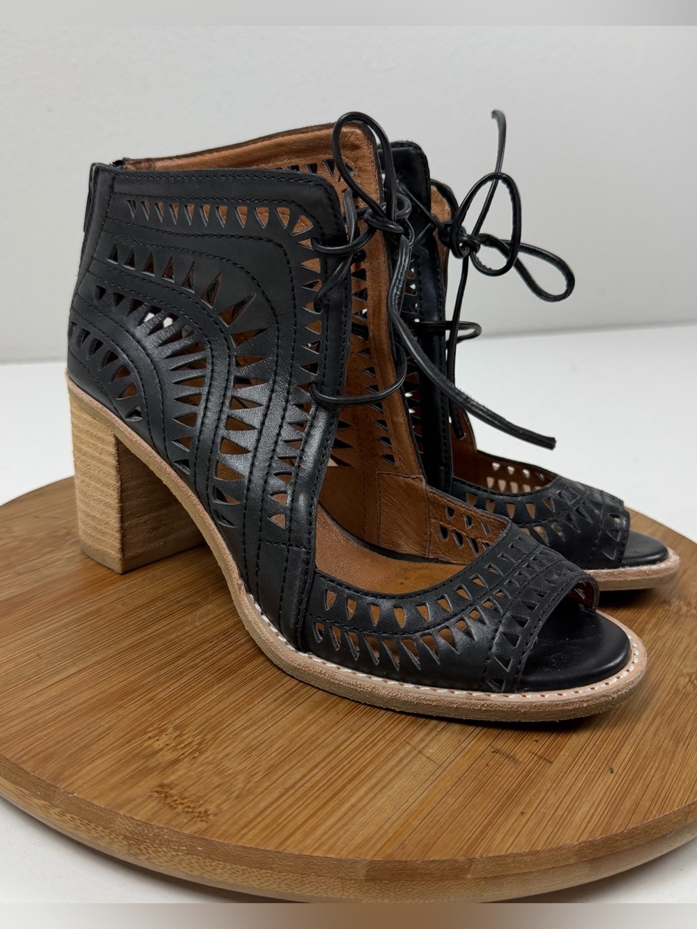 Jeffrey Campbell Cordillo Black Laser-Cut Lace-Up Peep-Toe Booties
